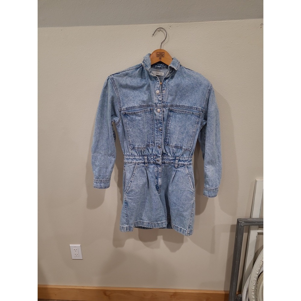 MNG Mango Women SZ S Denim Romper jumpsuit med‎ wash elastic waist zip Western